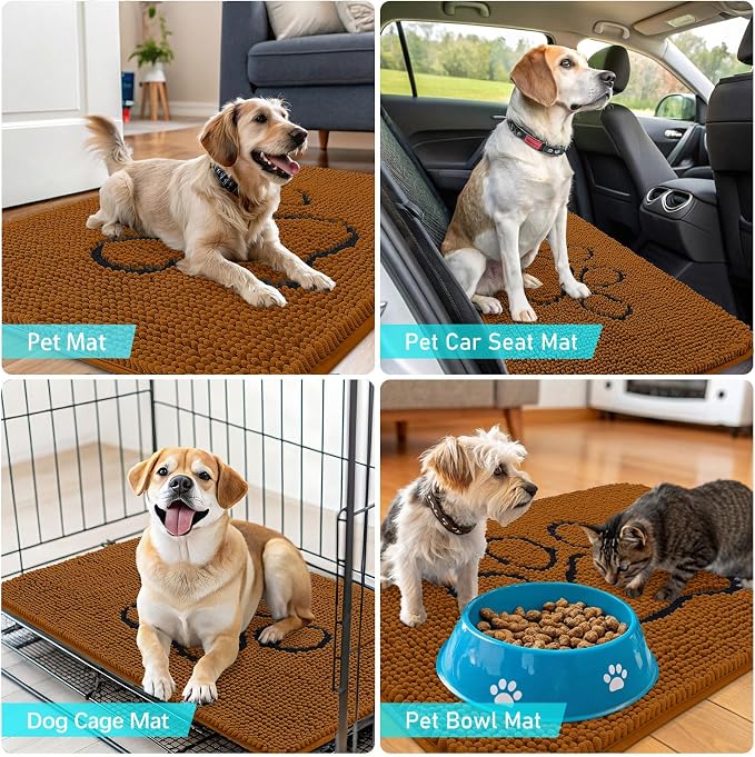 OLANLY Dog Door Mat for Muddy Paws 30x20, Paw Print Design Chenille Mud Mat | Ochre, Absorbent, Traps Moisture and Dirt, Non-Slip Washable Doormat, Quick-Drying Indoor Entryway Floor Carpet for Dogs