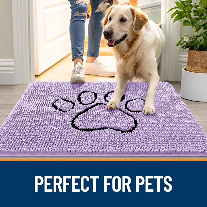 OLANLY Dog Door Mat for Muddy Paws 48x30, Paw Print Design Chenille Mud Mat | Lavender, Absorbent, Traps Moisture and Dirt, Non-Slip Washable Doormat, Quick-Drying Indoor Entryway Floor Carpet for Dogs