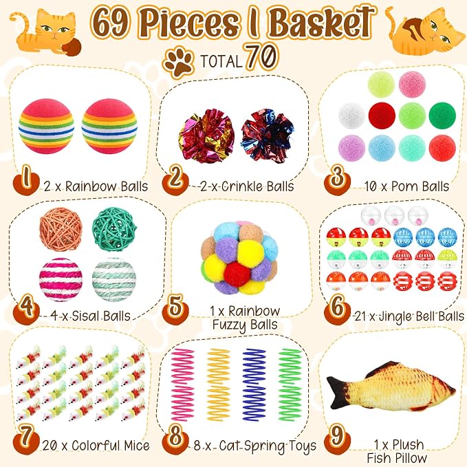 Sosation 70 Pcs Cat Easter Storage Basket Gift Toys Set Colorful Indoor Kitten Toy Assortment Including Mice, Rainbow Balls, Crinkle Balls, Springs Instinct Basket for Cats Interactive Play(Cute)