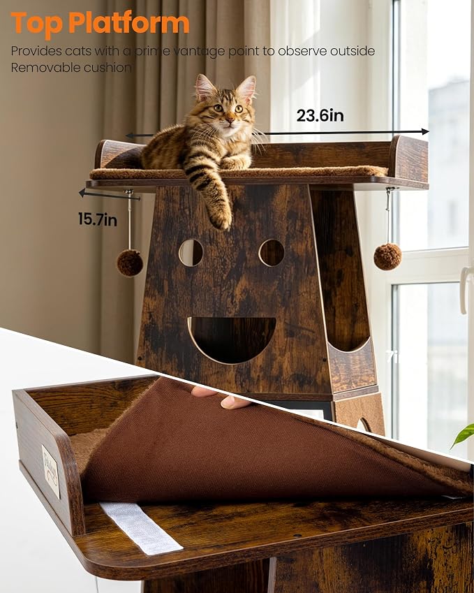 56in Modern Wood Cat Tree Tower for Indoor Cats with Hammock | Multi-Level Climbing Design, 2 Spacious Hammocks, Perch, Cat Condo, Scratching Board, Ideal for Multi-Cat Homes, Rustic Brown