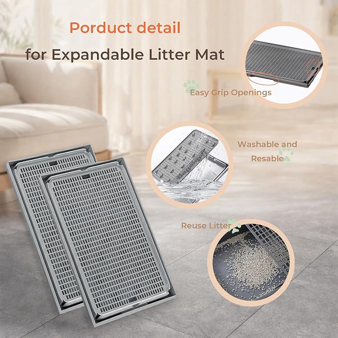 Connectable Cat Litter Mat for Litter Box, 2 Panels | Expandable Coverage | Less Litter Tracking | Easy Rinse Cleanup | Pour-Back Litter | Helps Reduce Shifting