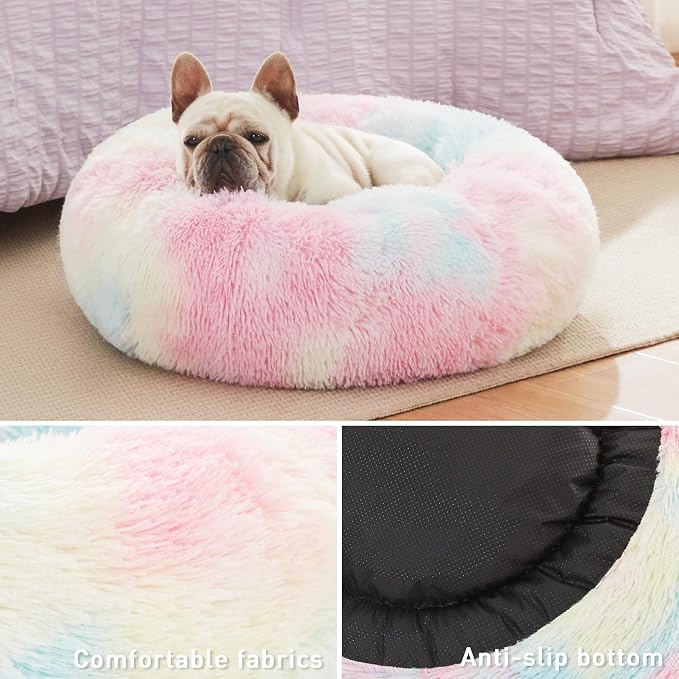 Love's cabin Calming Cat Bed for Indoor Cats, Anti-Anxiety Donut Round Dog Bed,Fluffy Faux Fur Washable Pet Bed for Small Medium Dogs and Cats, Rainbow, 20in