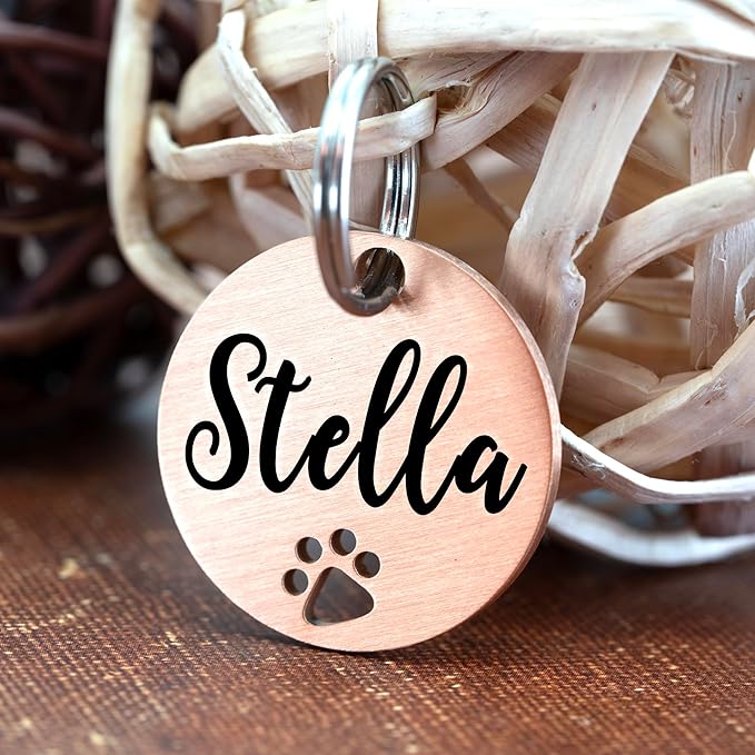 Ultra Joys Dog Tags Personalized for Pets - Hollow Paw Custom Pet ID Tag - Engraved Dog Tag for Small, Large Dogs - Small Round in Rose