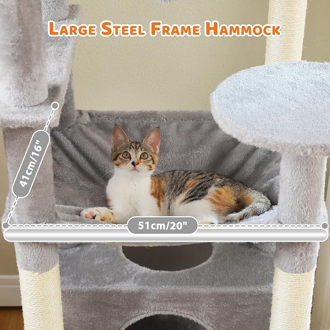 PAWZ Road 72" Cat Tree, Tall Cat Tower with Hammock& Condos for Large Cats | 20"x16" hammock for adult cats, cat tower with 7 scratching posts&pad, dual top perch and large condo for big cats