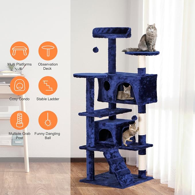 ZENY 53 inches Cat Tree with Sisal-Covered Scratching Posts and 2 Plush Rooms Cat Furniture for Kittens (Navy Blue)