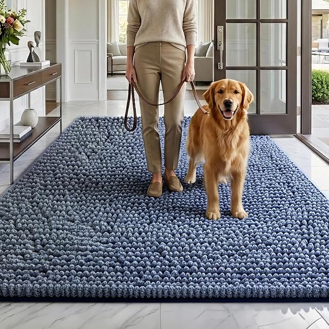 EHEYCIGA Super Absorbent Dog Door Mat for Muddy Paws 60x36 Inch Indoor, Front Doormat Outside Entrance, Quick Dry Chenille Washable Dog Crate Bed, Non-Slip Pet Rug Mud Mat Outdoor Entryway, Navy Blue