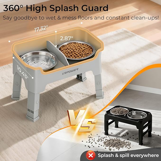 URPOWER Mess Proof Elevated Dog Bowls, High Wall Splash Guard Design, 4 Height Adjustable Raised Bowl Stand, 2 Stainless Steel Bowls, Non-Slip Food Water Set for Small Medium Large Dogs