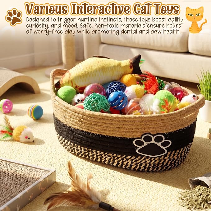 Sosation 70 Pcs Cat Easter Storage Basket Gift Toys Set Colorful Indoor Kitten Toy Assortment Including Mice, Rainbow Balls, Crinkle Balls, Springs Instinct Basket for Cats Interactive Play(Cute)