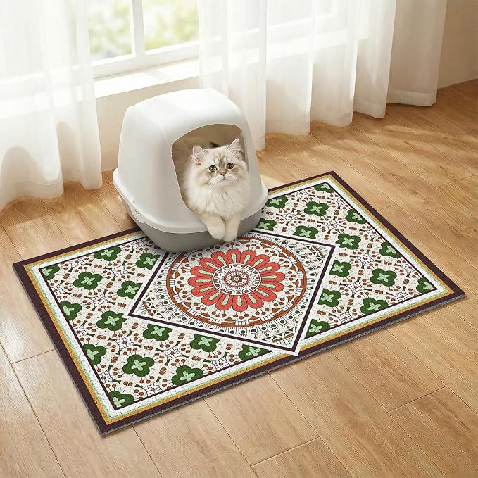 Bohemian Kitty Litter Mat 24"x17",Non-Slip Litter Box Mat, Washable Cat Litter Rug Catcher,Double-Layer Litter Trapping Mat for Scatter Control, Easy Clean Cat Food Mat & Floor Protector