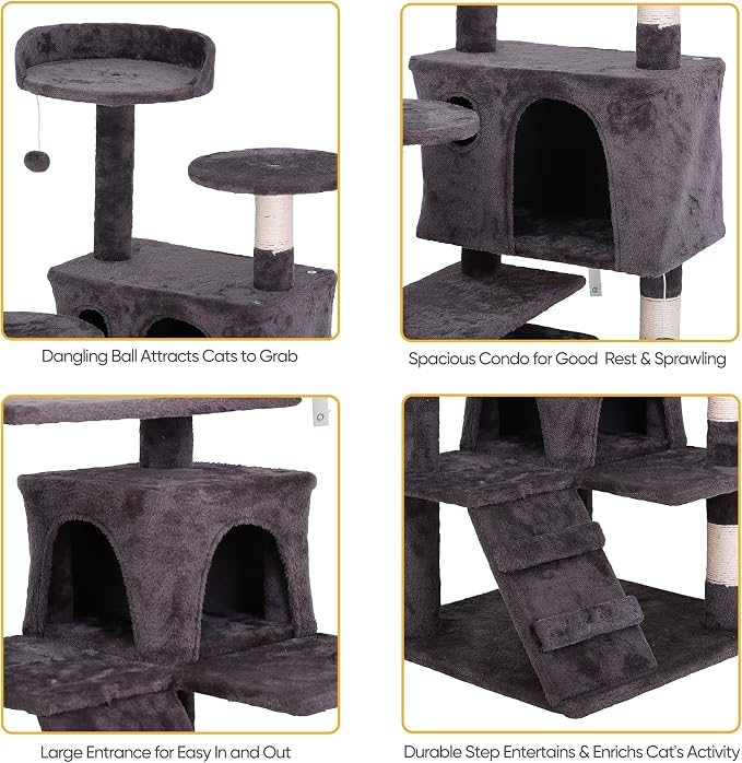 ZENY 54 Inch Cat Tree, Indoor Cat Tower Condo, Multi-Level Cat House with Sisal-Covered Scratching Post + 2 Play House, Pet Cat Furniture, Grey