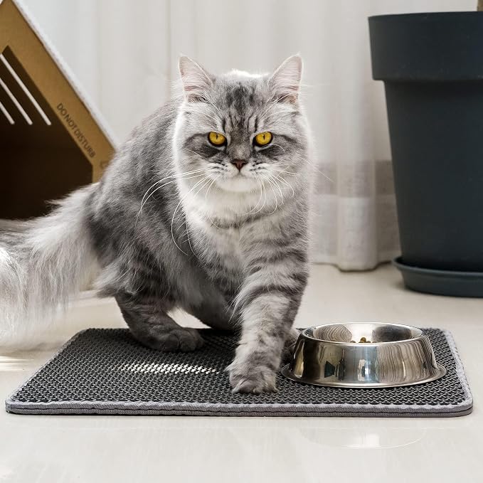 Cat Litter Mat Cat Litter Trapping Mat, 46 x 24 inch Honeycomb Double Layer Design, Urine and Water Proof Material, Scatter Control, Less Waste, Easier to Clean, Washable Gray