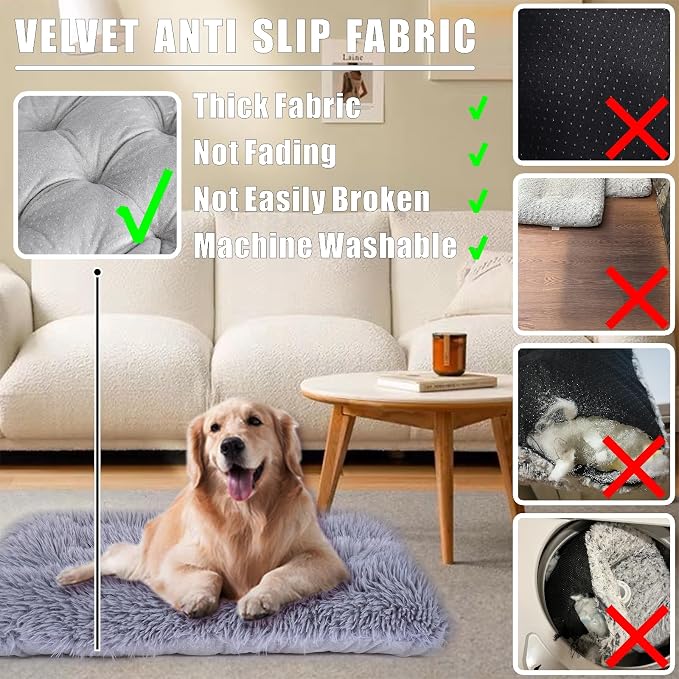 Machine Washable Dog Bed, Deluxe Plush Dog Crate Pad and Cat Bed, Anti-Slip Bottom Kennel Pad Mat, Fuzzy Pet Beds for Large, Medium, Small Dogs Breeds (Grey, 24.0" L x 18.0" W x 3.0" Th x 2 Pack)