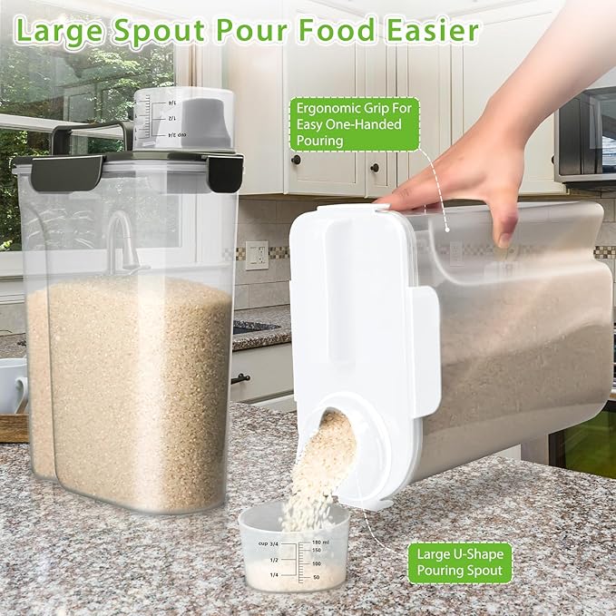 Viretec Rice Storage Container, 5 to 10lb Dry Food Airtight Dispenser, Pet Dog Cat Food Canister, BPA Free Clear Plastic Kitchen and Pantry Bin for Oatmeal, Cereal, Pasta, Flour Pack of 2 Grey