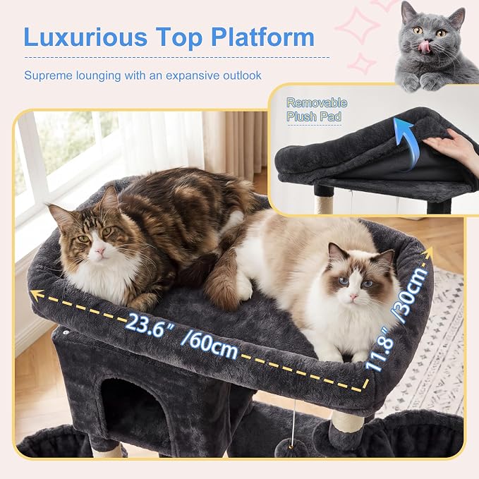 Heybly 68.1" Cat Tree with Oversized Top Platform & Wide Base HCT059G | Heavy Duty Cat Tower for Large Indoor Cats with 2 Condos, 2 Hammocks, 10 Sisal Scratching Posts, Stable Cat House, Smoky Gray