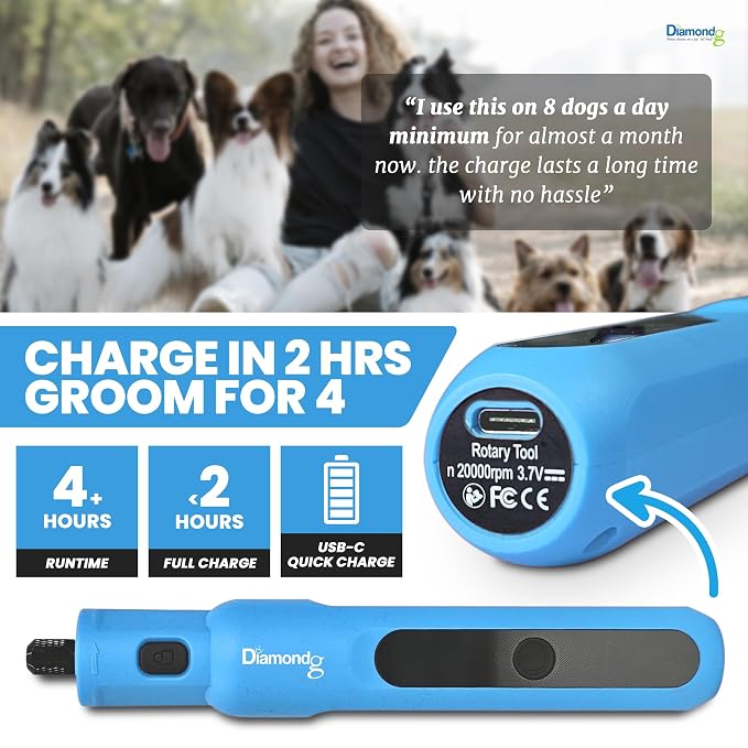Diamondg Micro Dog Nail Grinder - Quiet Sound with LED Light, Light Blue | 5-Speed Rechargeable Pet Nail Trimmer for Small & Large Dogs, LCD Display, USB-C Charging, 4hrs. Runtime Rotary Tool