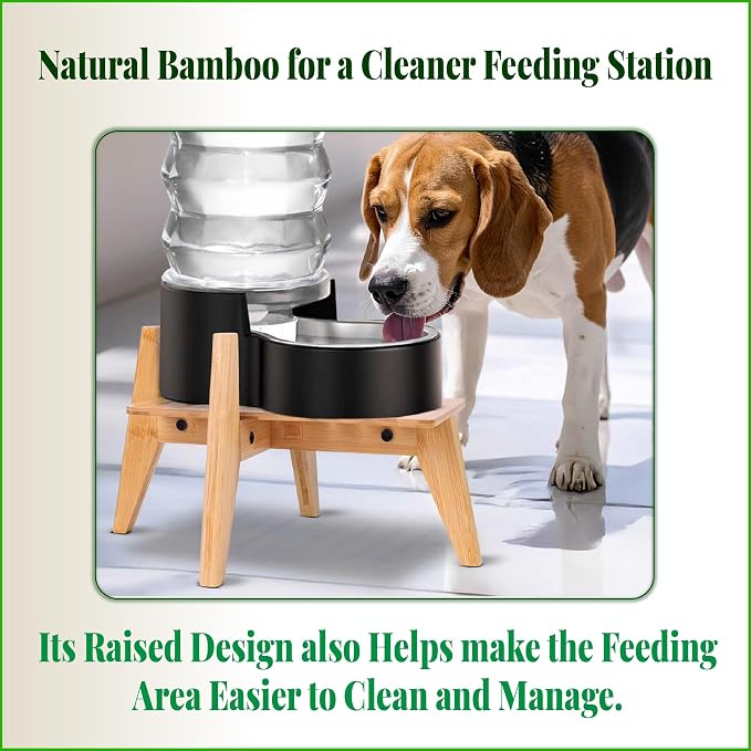 Dog Water and Food Dispenser Stand for Medium Dogs - Adjustable, Bamboo | Use to Elevate, Raise, Hold Gravity or Automatic Food Feeders and Water Bowl Dispensers - Medium