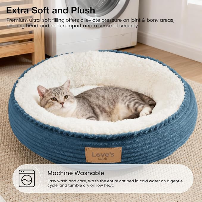 Love's cabin Round Donut Cat and Dog Cushion Bed, 20in Pet Bed for Cats or Small Dogs, Anti-Slip & Water-Resistant Bottom, Super Soft Durable Fabric Pet beds, Washable Luxury Bed Dusty Blue