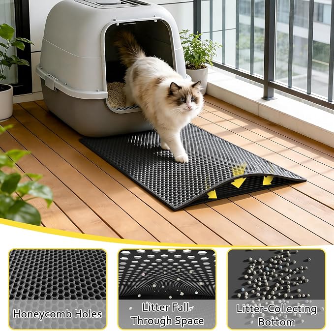 Cat Litter Mat, 15"X24", Waterproof, Easy to Clean (Black-1Pack) | Double-Layer Honeycomb for Effective Litter Trapping, Premium Durable EVA, Non-Slip, Paw-Friendly Soft Surface