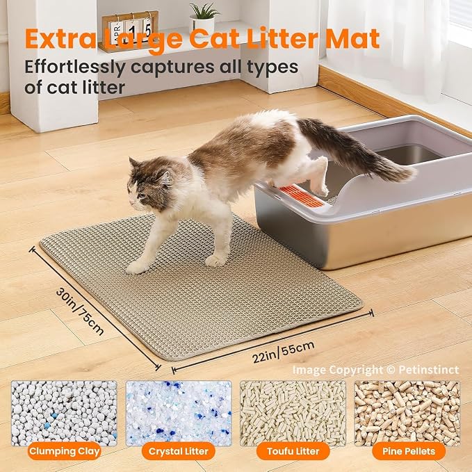 Extra Large Cat Litter Mat, Double Layer Honeycomb, Beige | 30x22”, Reduces Litter Tracking, Easy to Clean, Waterproof, Non-Slip, Soft on Paws, Scratch Resistant, Beige, XL