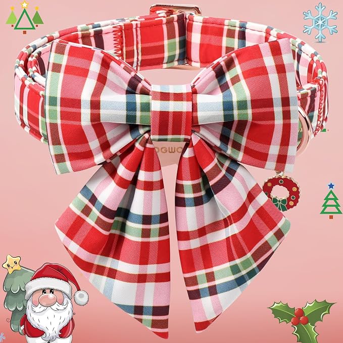 DOGWONG Christmas Dog Collar with Bow Tie - Christmas Red Plaid Puppy Collar, Adjustable Red Grid Dog Collars for Girl Boy Dogs, XS