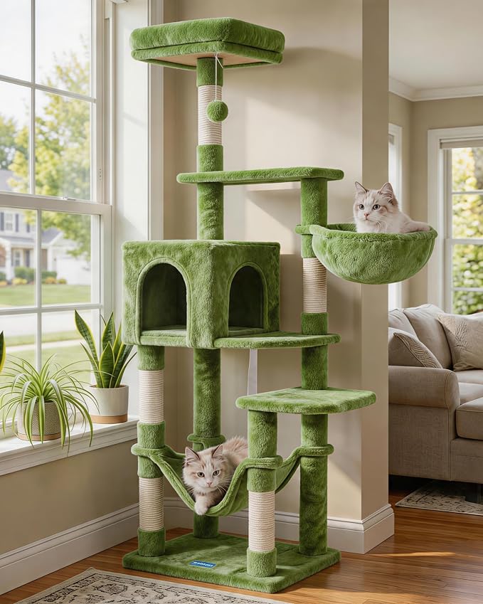 Hey-brother Cat Tree, Multi-Level Sisal Covered Scratching Posts, MPJ050GR | 60.6 Inches Tower with Condo, Large Hammock, Top Perch, Toy Ball for Indoor Multi-Cats Households, Green