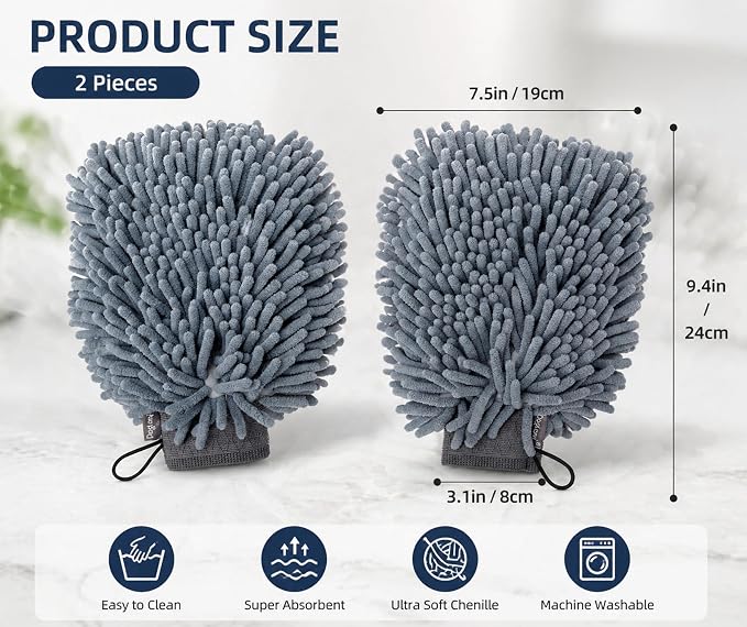 Super Absorbent Dog Dry Bath Gloves, Chenille Microfiber Pet Dirty Dogs Grooming Glove, Suitable for All Dog Breeds, For Wiping Wet Paws and Bodies, Machine Washable 2 Pack