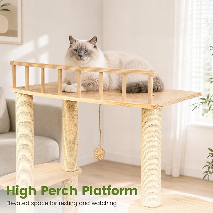 45 Inch Solid Wood Cat Tree, Modern Cat Tower for Indoor Cats, Cat Condo with Single Tunnel, Sisal Scratching Posts, High Perch Platform, Washable Cushion, Hanging Balls, Natural
