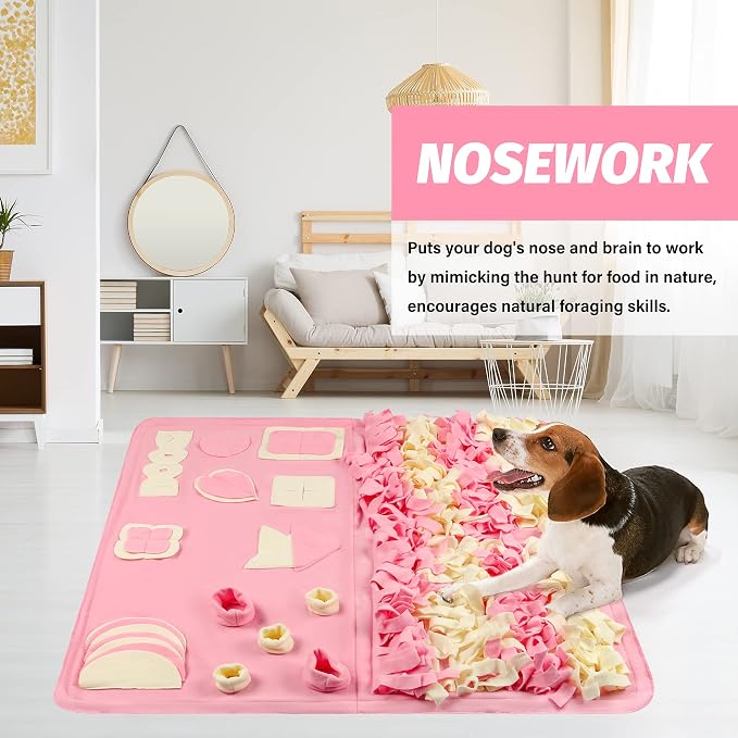 Snuffle Mat for Dogs: Slow Food Interactive Experience - 7 Enrichment Foraging Games for Large Dog Owners Needing to Burn Pet Energy - Washable 1000 Times - 38x38 inch - Pink