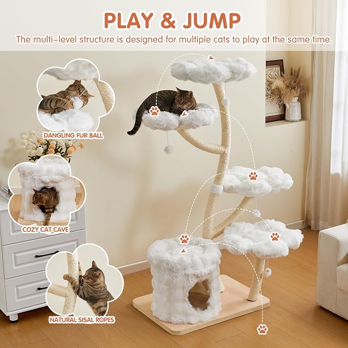 Modern Cat Tree 62" Tall, Cat Tower for Multiple Small Large Cats with Scratching Post, Multi-Level Luxury Aesthetic Cat Condo