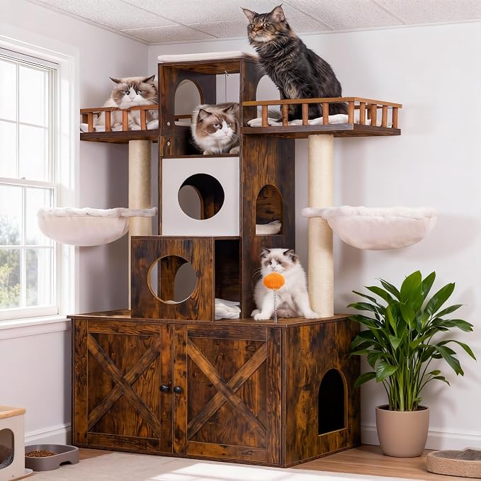 Heybly Cat Tree with Litter Box Enclosure for Indoor Big Cat HCT110SR | Cat Tower for Large Cats 20 lbs Heavy Duty, Modern Cat Condo Furniture with Scratching Posts, Rustic Brown