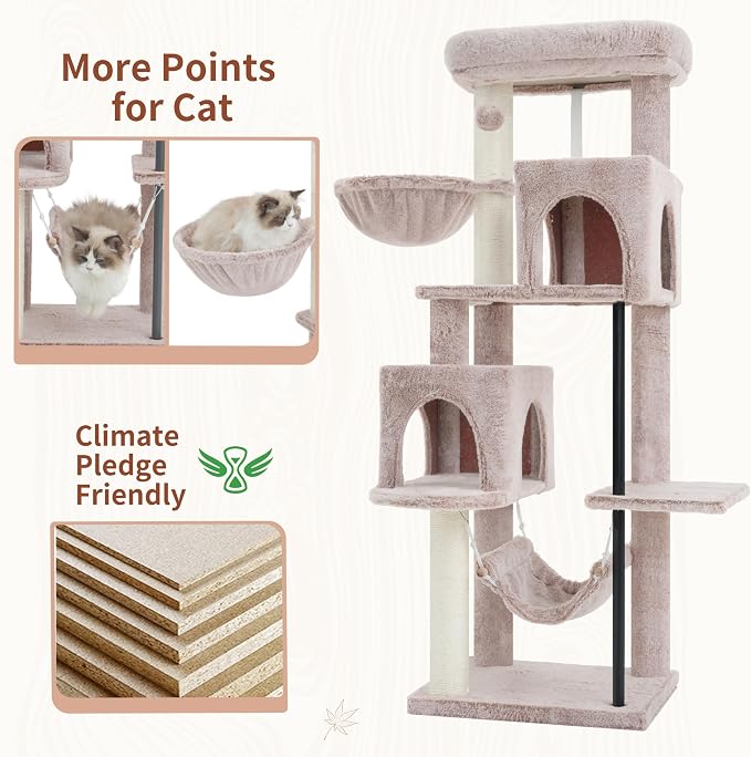 Cat Tree Tower with Sturdy Steel Tube for Indoor Cats GCT014MU | 51.2'' Cat Furniture with Scratching Posts, Hammock, Basket and Padding Top Platform for Inoor Cats Large Adult, Mushroom