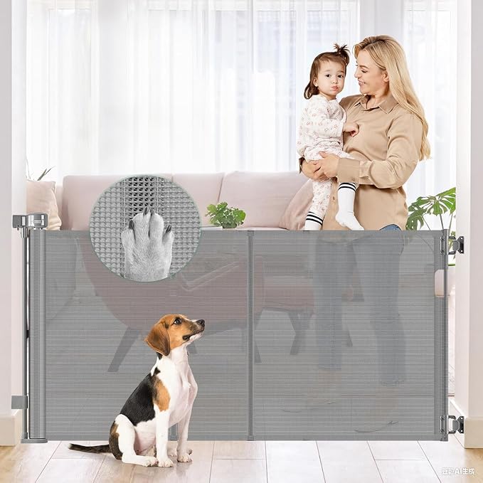Reinforced 50" Wide Retractable Dog Gate for Stairs, Retractable Baby Gates with Support Rods - Bottom Anti-Escape, Indoor Long Baby Gate Outdoor Gates for Decks, Child Gates for Doorways/Patios, Gray