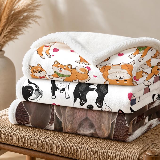 BlessLiving Shiba White Throw Blanket with Dense Dog Patterns Sherpa Fleece Blanket Couch Bed, Soft Cozy Warm Pet Blankets for Kawaii Puppy Lovers Pink Heart Cute Animal Print Gift 50x60 Inches