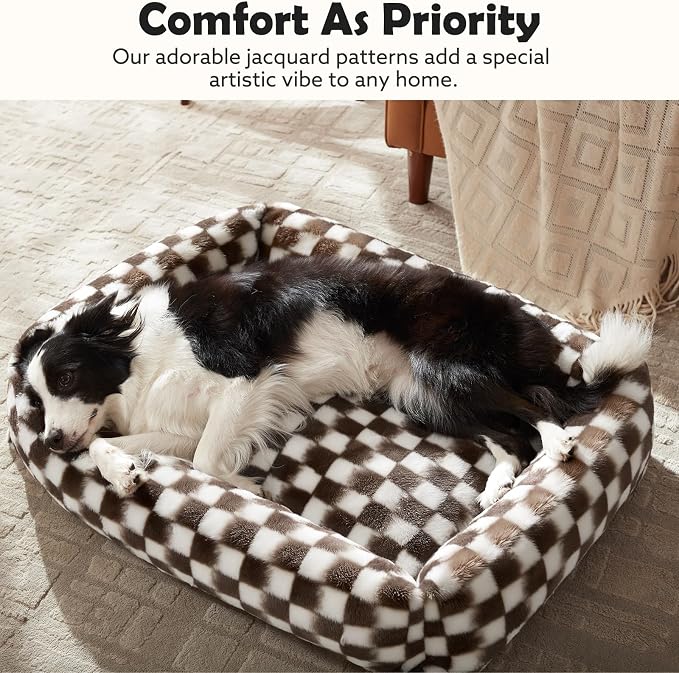 JOEJOY Large Dog Beds Large Sized Dog, Removable Washable Cover Orthopedic Soft Faux Rabbit Fur Pet Bed, Anti-Slip Fluffy Plush Faux Rabbit Fur Puppy Bed, 36"x27"x8", Checkered, Brown