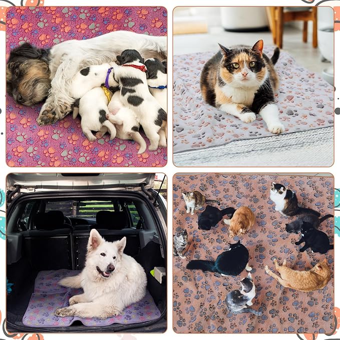 Panelee 36 x 36 Inch 4 Pcs Washable Dog Blankets Waterproof Cute Paw Print Fleece Blanket Reusable Puppy Blankets for Small Medium Pet Cat Whelping Warm Soft Mat Guinea Pig Cage Liners