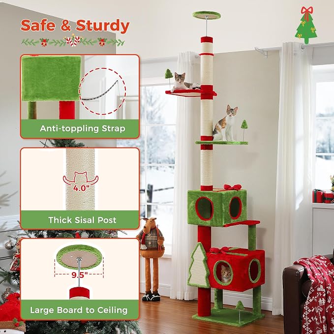 PEQULTI 90.9''-107.8'' Floor to Ceiling Cat Tree for Large Indoor Cats, Tall Christmas Cat Tower with 2 Spacious Condos, Bow Toy and Sisal-Covered Scratching Post & Pad Red/Green