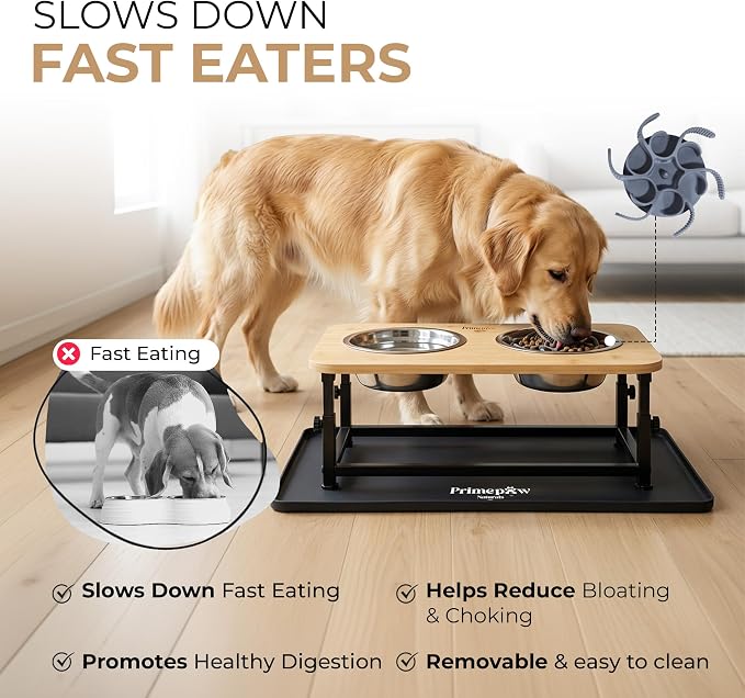 Adjustable Raised Dog Bowls – Elevated Dog Bowl Stand with Bamboo Stand, 2 Stainless Steel Bowls, Slow Feeder Insert & Silicone Mat – Dog Bowls with Stand for Small & Medium Dogs