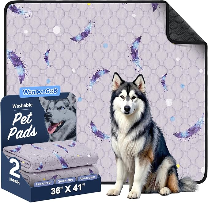 Washable Dog Pee Pads, Non-Slip Waterproof, 36 x 41 in, 2 Pack, Feather | Super absorbent, waterproof and non-slip; washable, reusable dog pads for crates, playpens, floors, furniture and travel