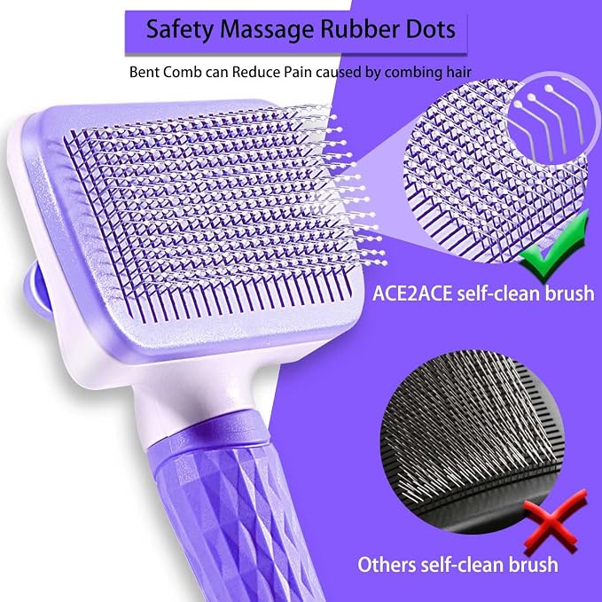 Pet Grooming Brush for Cats & Dogs, Self-Cleaning Undercoat Deshedding & Massage Tool, Purple