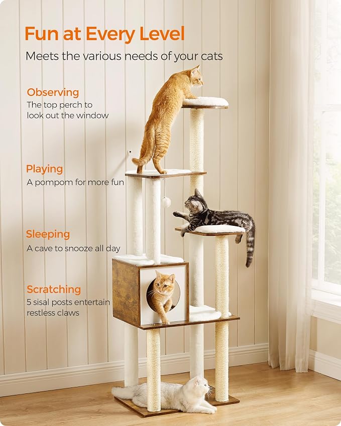 Feandrea Cat Tree, 64.6-Inch Modern Cat Tower, Multi-Level Condo with 5 Scratching Posts, Perch, Washable Removable Cushions, Cave, Rustic Brown UPCT166X01 | Modern Cat Condo for Indoor Cats, Perch, Washable Removable Cushions, Rustic Brown, CAEN Colle...