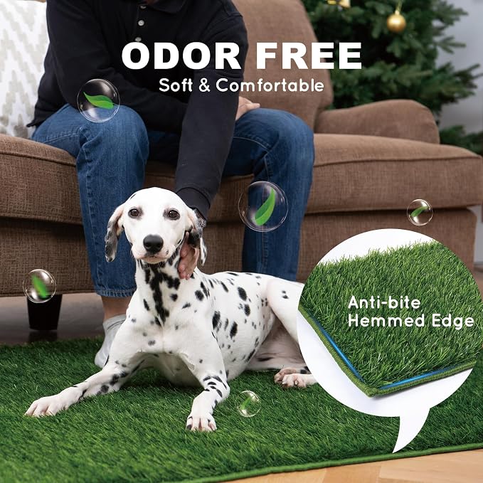 HQ4US 4LEGS Dog Grass Pad with Tray Medium 31”×21”, Dog Litter Box with Odor Free Artificial Grass Pee Pads for Dogs Potty Tray with Hemmed Edge, Realistic for Indoor Balcony