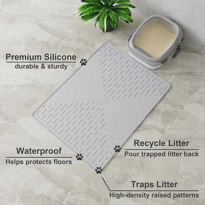OHMO Large Cat Litter Mat, 31.5x23.6 Silicone Trapping Mat Ash Grey | for Kitty Litter Box, Easy Clean, BPA Free Rubber, Center Litter Collection, Easy Pour-Back, Waterproof, Odor-Resistant