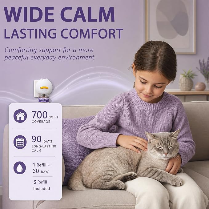 Cat Calming Diffuser with 3 Refills, 3 x 30 Day Cat Pheromone Diffuser for Stress, Fighting, Aggression, Excessive Meowing & Scratching, Best for Multi-Cat Home