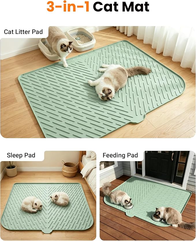 Cat Litter Mat, 47" x 37" Extra Large Cat Litter Box Mat, Silicone Waterproof Litter Trapping Mat for Scatter Control Soft on Kitty Paws Non-Slip Easy to Clean (Green) | Waterproof Litter Trapping Mat for Scatter Control, Soft on Cat Paws Non-Slip Easy...