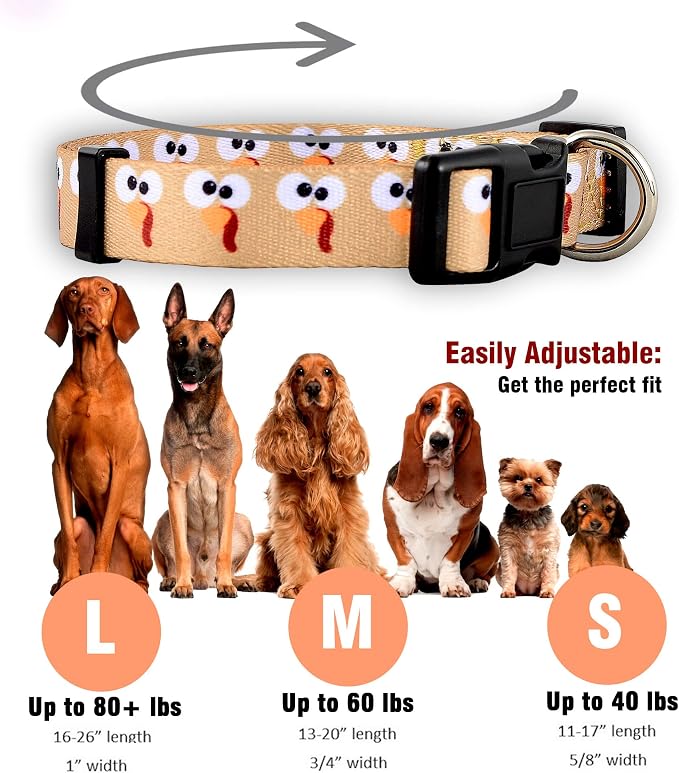 Native Pup Thanksgiving Dog Collar- Fall Collars for Dogs- Autumn Leaf, Turkey, Pumpkin Pie, Holiday Leaves- Girl Boy Puppy- Adjustable for Small, Medium, Large Breeds (Turkey Face, Medium)