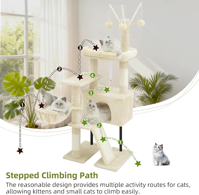 Cat Tree Tower for Indoor Cats, Top Platform with Toy, GCT006SM | 49.2 inch Cat Condo House, Sturdy Base, Scratching Post & Board, 3 Balls, Hanging Basket, Small Cats and Kittens, Beige