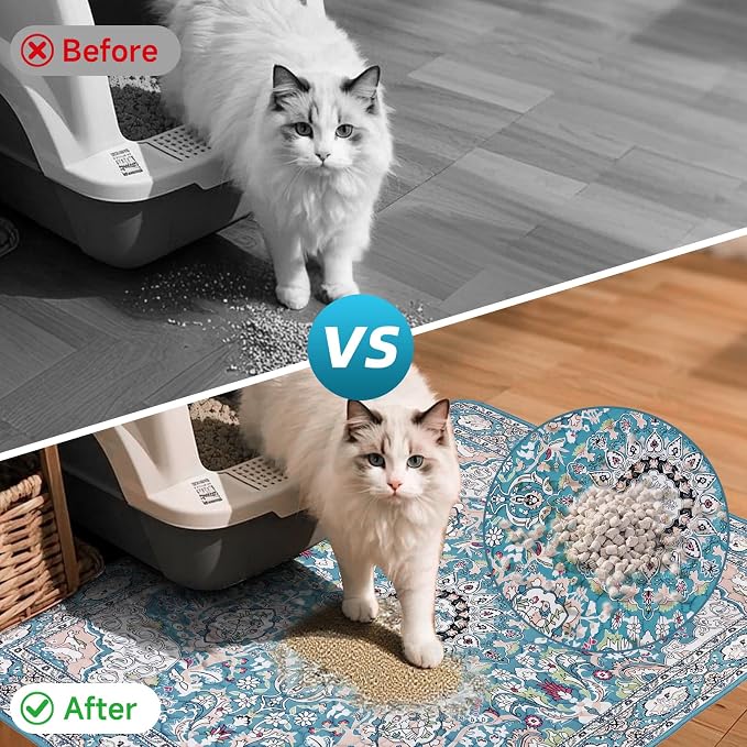 Cat Litter Mat, Reusable Kitty Litter Trapping Mat 2 PCs, 41"x36" Washable Litter Mats for Cats, Waterproof & Non-Slip Compatible with Cat Box (Lake Blue Medallion, 41"x36"(2 PCS))