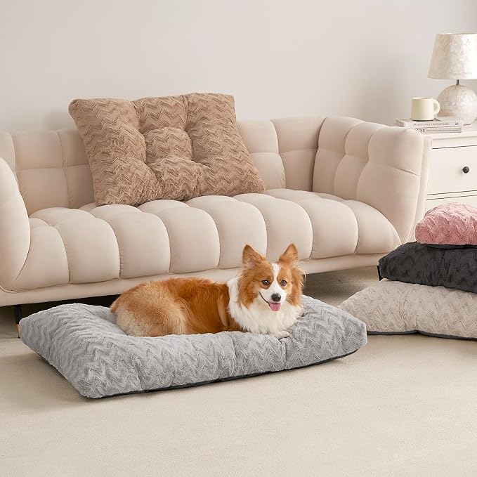 EHEYCIGA Washable Dog Bed for Crate 36x27 Inch, Anti-Slip L Plus Kennel Pad for Dogs Up to 55 lbs, Plush and Comfy Pet Sleeping Mat, Camel
