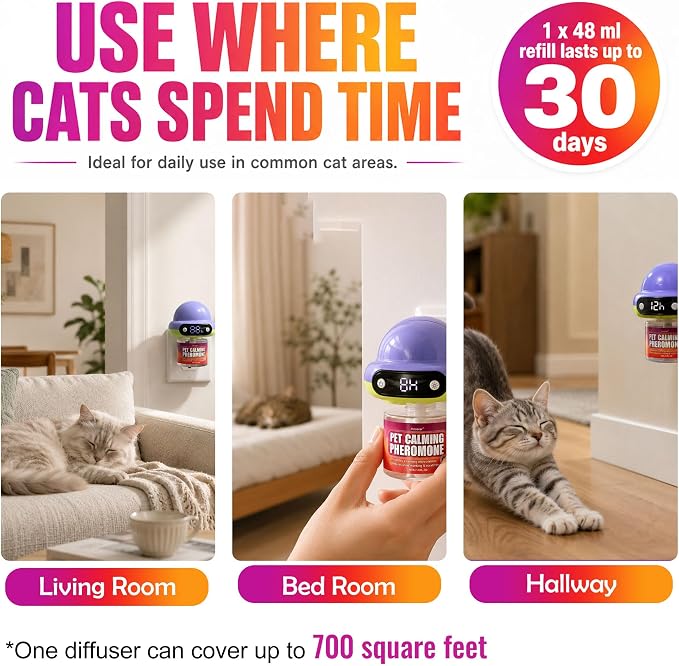 Cat Calming Pheromone Diffuser with 3 Refills, Smart Cat Calming Diffuser with 4/8/12/24-Hour Timer, Daily Auto-On, Helps Reduce Anxiety, Spraying & Scratching