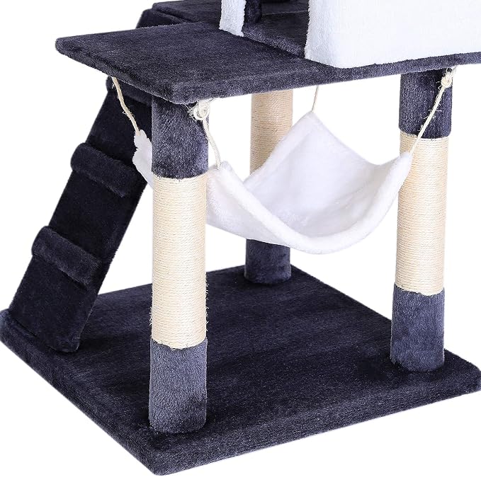 lionto Scratching Tree for Cats with Hammock & Tunnel, Height 52,4 in, cat Tree with sisal Rope & Soft Plush, Cozy Lying Areas & Caves, Suitable for Small & Large Cats, Gray/White